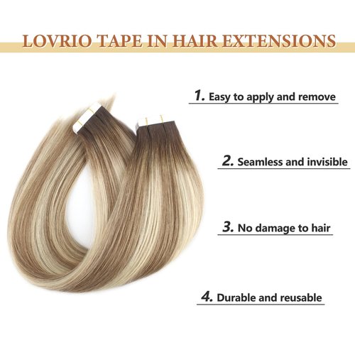 Lovrio Tape in Hair Extensions Human Hair Blonde Hair Extensions Tape ins Highlight Walnut Brown Roots to Light Chestnut Brown with Bleach Blonde #R3-8-613 Blonde Tape in Hair 18in 50G/20pcs