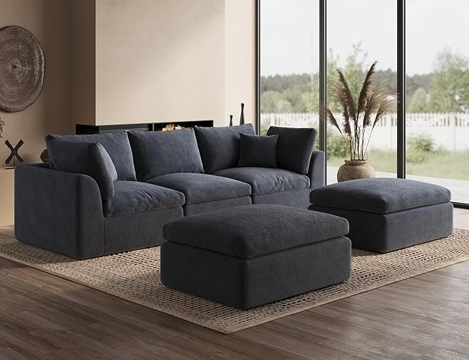 ohllob 110" Cloud Sectional Couches for Living Room, Boneless U Shaped Couch with Ottoman, 3 Seater Modular Sectional Sofa, Dark Grey