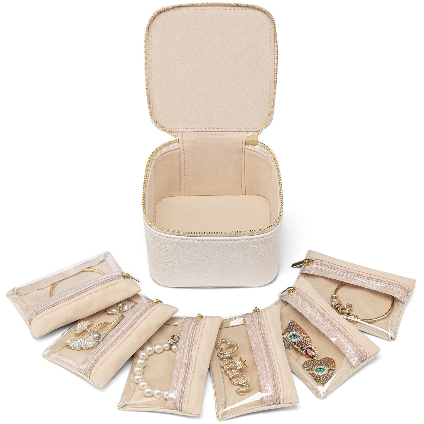Vlando Travel Jewelry Case,Small Jewelry Box Organizer,Travel Jewelry Storage with 6 Velvet Jewelry Zipper Pockets, Birthday Gifts for Women Girls (White)