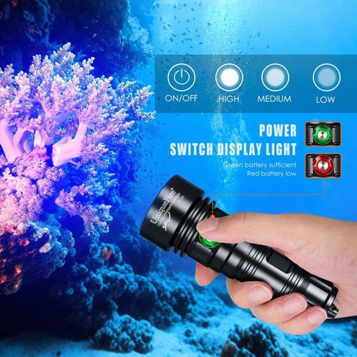 UniqueFire D03 Scuba Dive 365nm UV Black Light 3LEDs High Power Super Bright Underwater Diving UV Flashlight Rechargeable with 3 Modes Night Dive Torch 100 Meters Submersible Light
