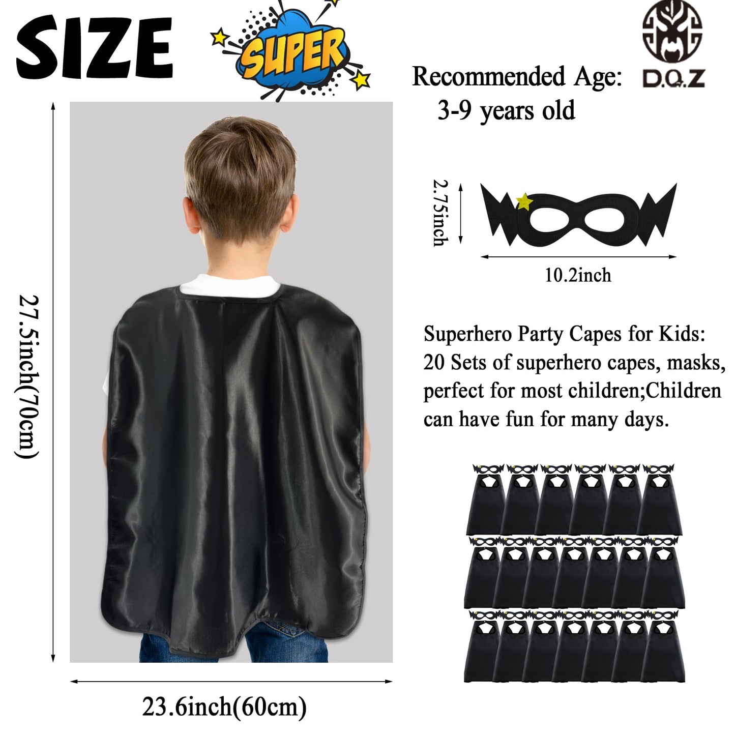 D.Q.Z Superhero-Capes for Kids 20 Sets, Birthday Gifts for Boys Girls Role Play, Super Hero Toys for School Halloween Party (Black)
