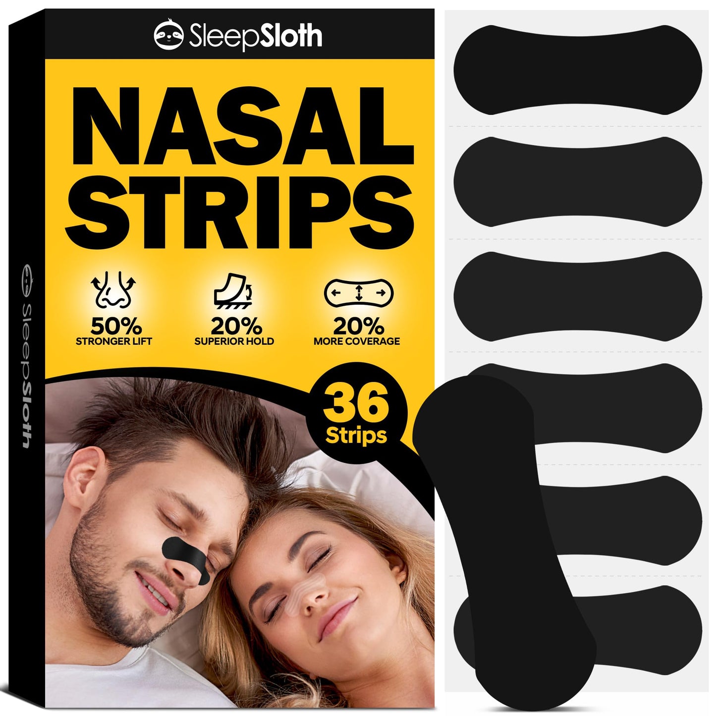 SleepSloth Nasal Strips for Snoring (36 Strips), Nasal Strips for Breathing, Nasal Strips for Sensitive Skin, Congestion Relief Caused by Colds & Allergies, Universal Fit, Extra Strength, Black