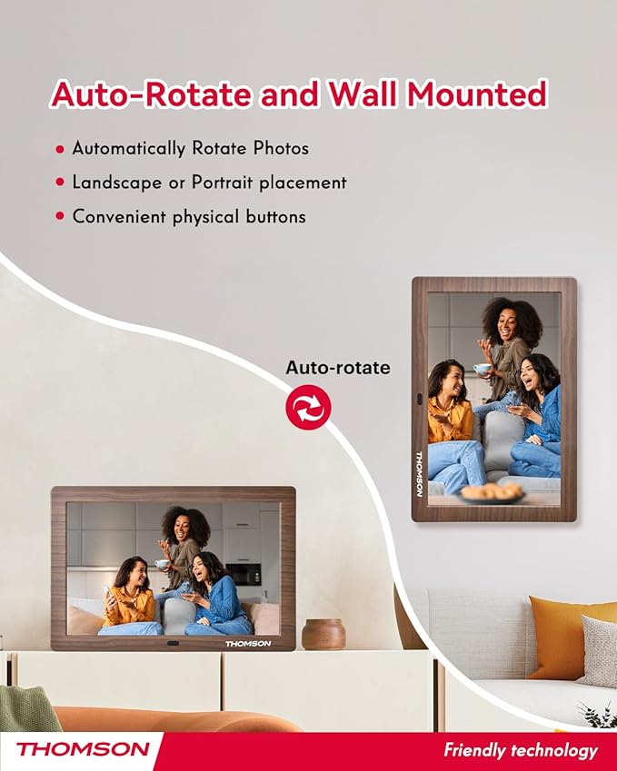 THOMSON 8" Digital Picture Frame, 1280 * 800 IPS Full View Ultra Clear Screen with Remote Control, Wooden Frame, Share Videos Photos Send Wishes Auto-Rotate Slideshow Non-WiFi (8 Inch Non-WiFi)