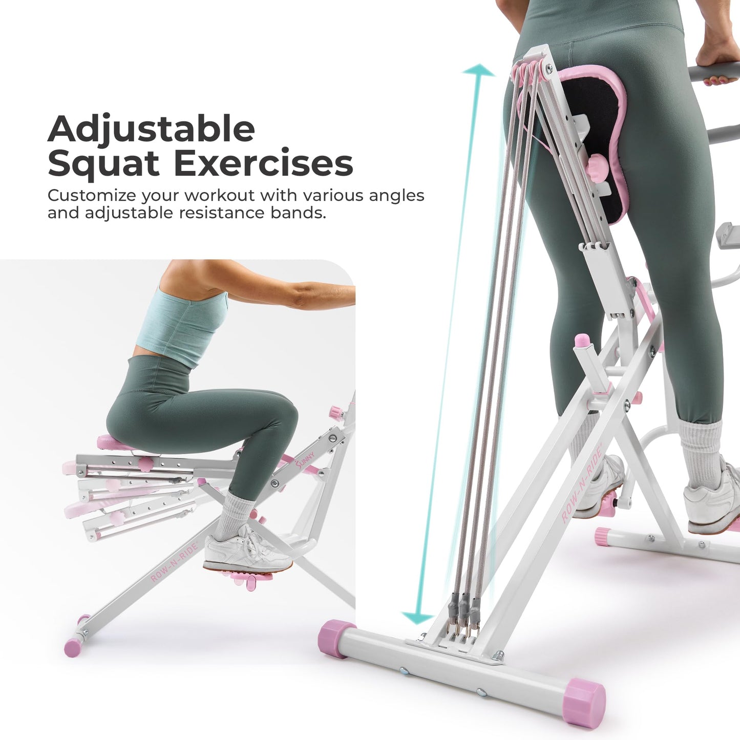 Sunny Health & Fitness Pink Row-N-Ride Plus, Squat Assist Trainer for Glutes and Full Body Workout, 330 LB Capacity, Adjustable Resistance, Padded Seat, and Free Access to SunnyFit App - P2100SMART