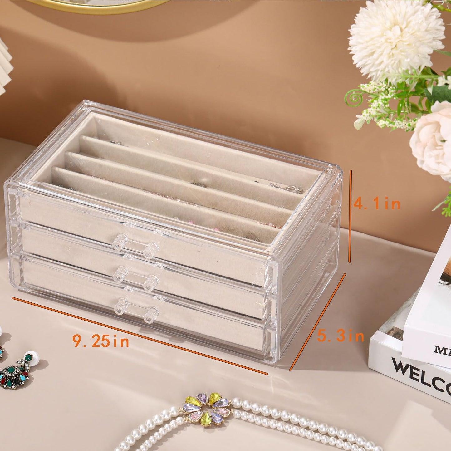 CLUQMEIK Necklace Organizer Box with Clear Lid, Dustproof Velvet Jewelry Holder Storage Display Case, Stackable Acrylic Necklace Tray Drawer Insert for Women and Girls (Beige,3 Drawers)