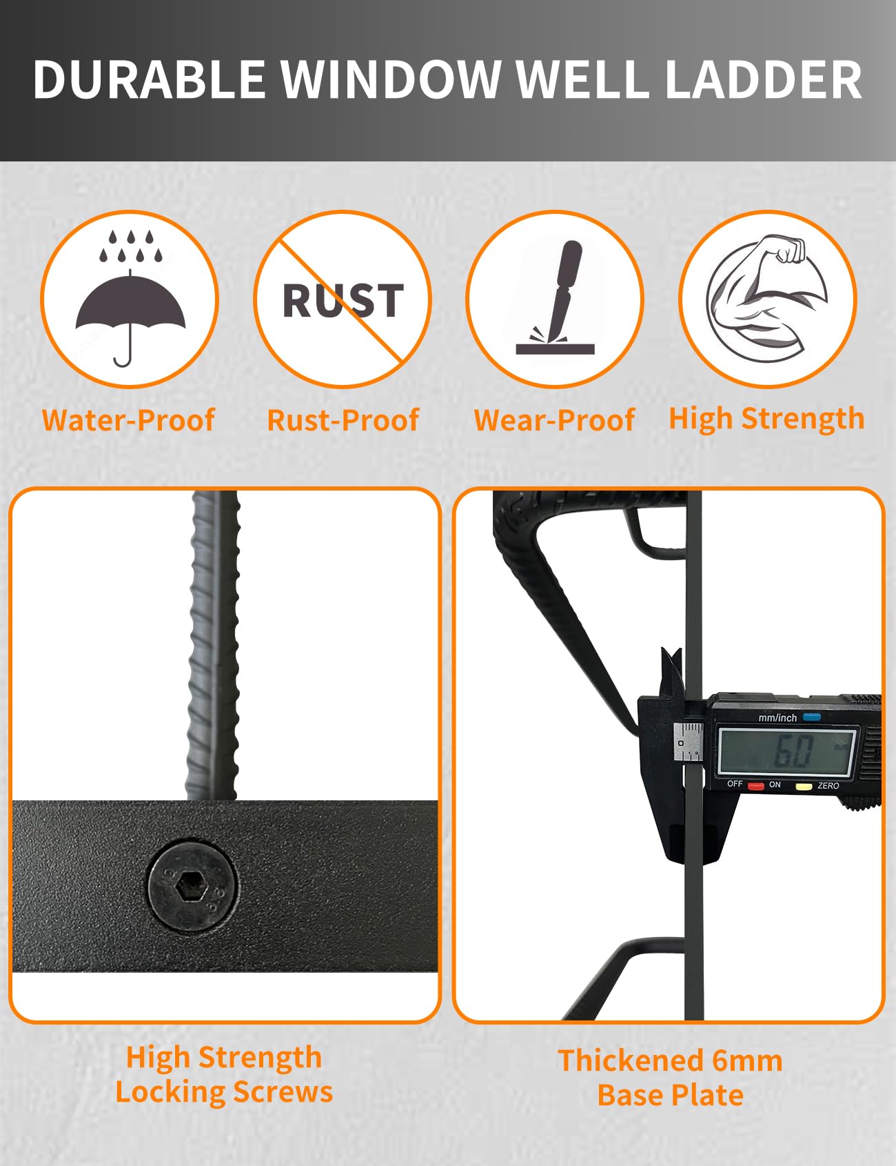 3-Rung Window Well Ladder, Heavy Duty Steel Basement Egress, Fire Escape Ladder for Emergency Home Safety(34.2" Lx17.9 W, Hooked, Matte Black)