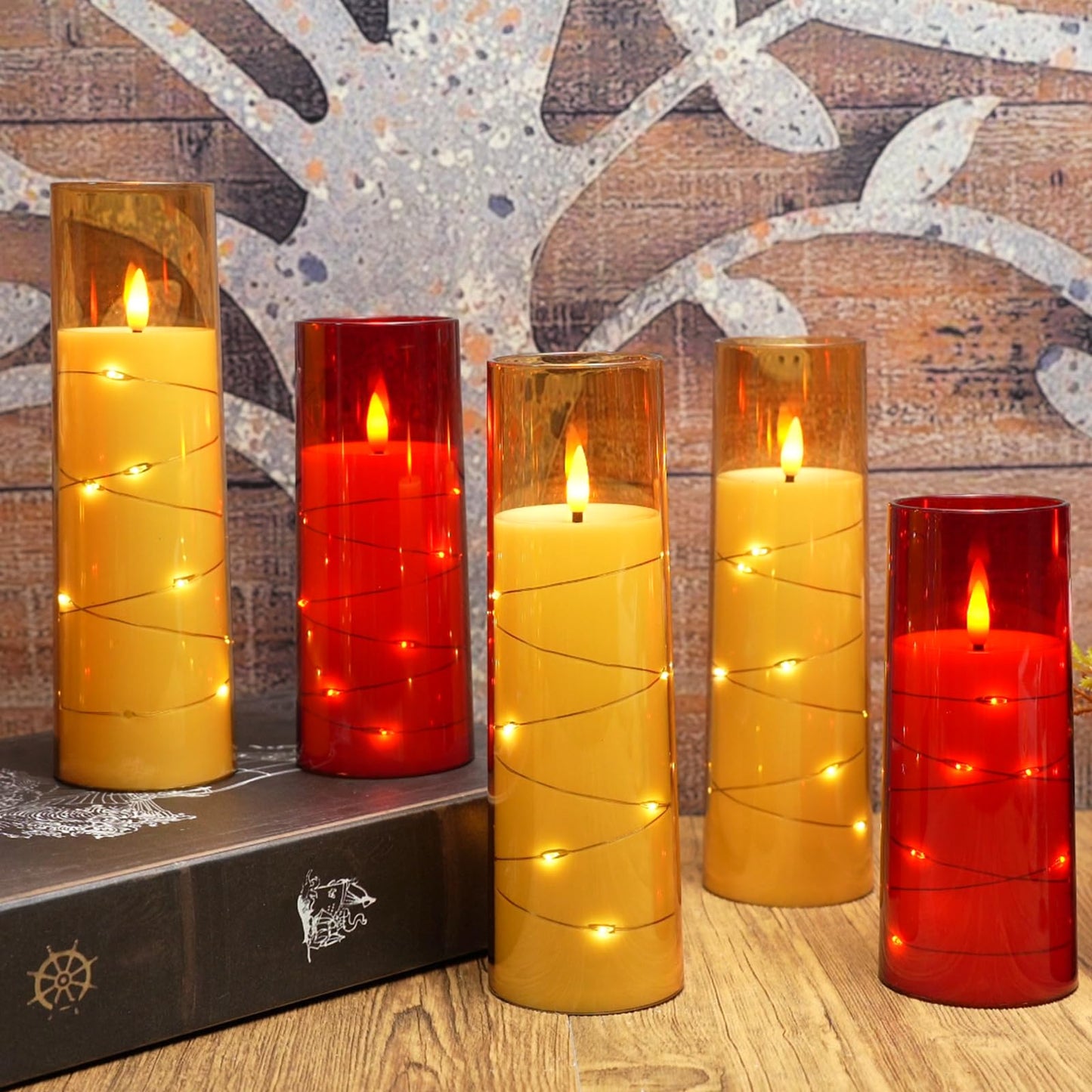 Eebuss Flameless Candles with Embedded Star String, Battery Operated LED Pillar Candles with Timer and Remote Control,Home Decorating for Ambiance， Set of 7 (Gold)