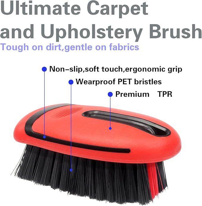 Carpet and Interior Cleaning Brushes, car wash Brush, Carpet Washing Brushes, Hard Bristle Detail Brushes, car and Home Interior Leather Brushes (Red)