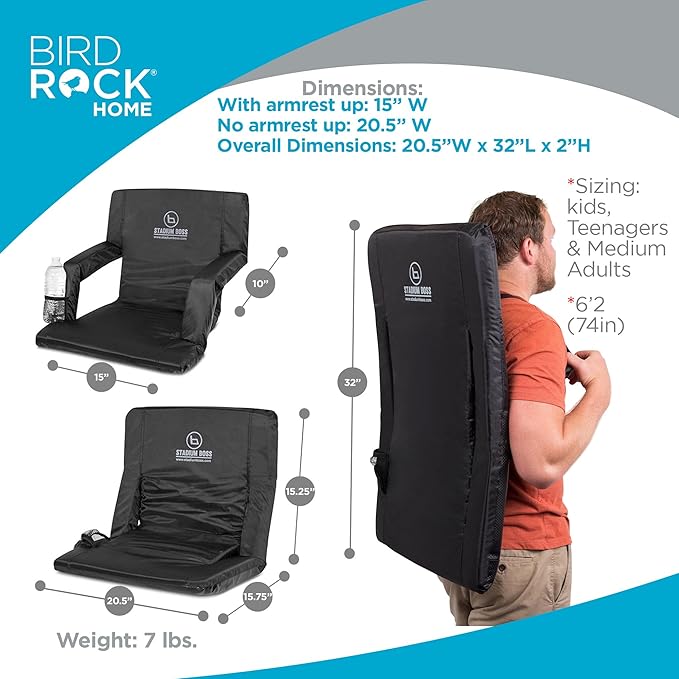 Stadium Boss Recliner Stadium Seat for Bleachers, Benches, Lawns, Backyard, Camping & Beach – Padded Sport Chair, Cushion Backs & Armrest – 6 Reclining Positions – Portable Carry Straps – Black