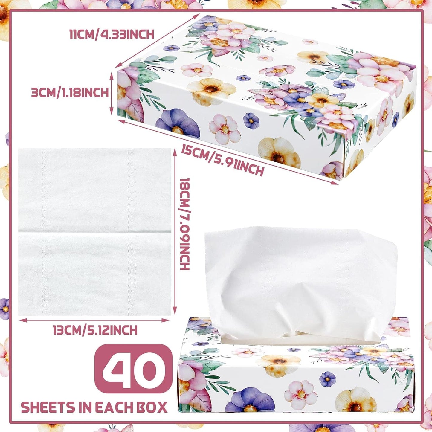 Yinder 24 Packs 960 Sheets Tissue Cube Car Facial Boxes Disposable Facial Travel Tissues Holder Soft Watercolor Boxes 2 Ply 40 Sheets for Wedding Household Car Kitchen Bathroom(Flower)