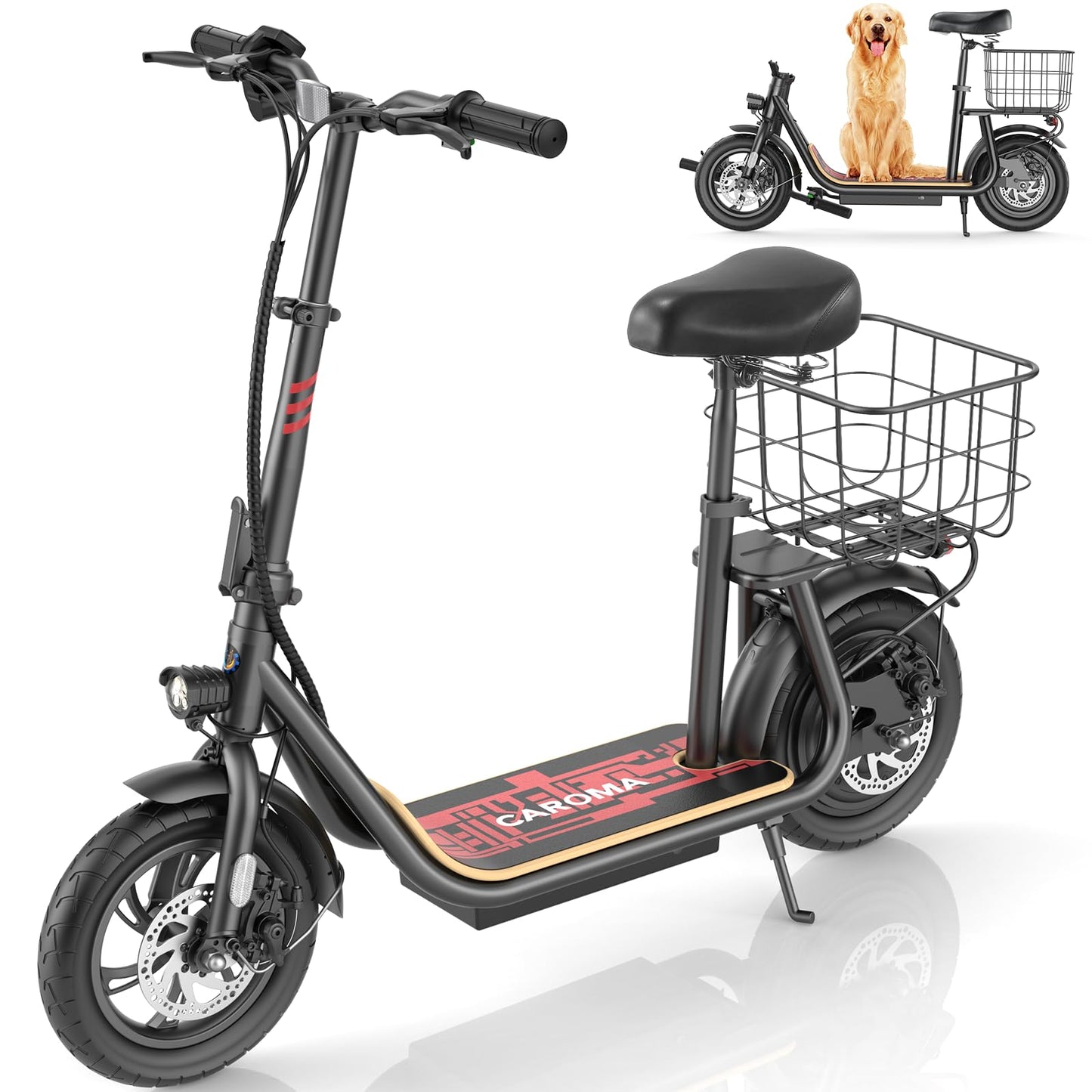 Caroma Peak 1200W Electric Scooter Adults, Electric Scooter with Seat and 12" Shock-Absorbing Tires, 500Wh Battery up to 30Miles&20MPH, Foldable Adult with Basket for Commuting(Black)