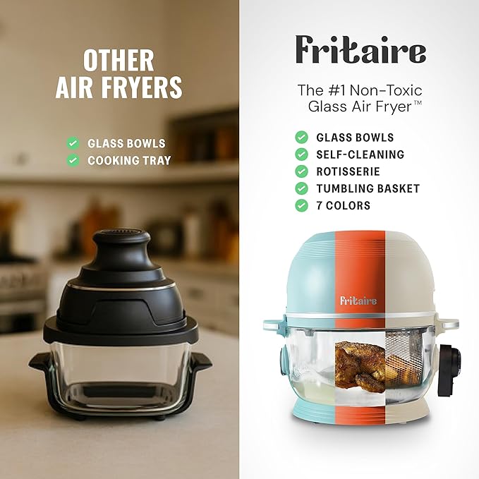 Non Toxic Air Fryer™ - Glass AirFryer 5 Quart w/ 360 Visibility, Self-Cleaning, 400F Vortex Air Fryer for Even Cooking, BPA-Free Teflon Free, 9-in-1 Functions, Rotisserie, Roast, Bake, White