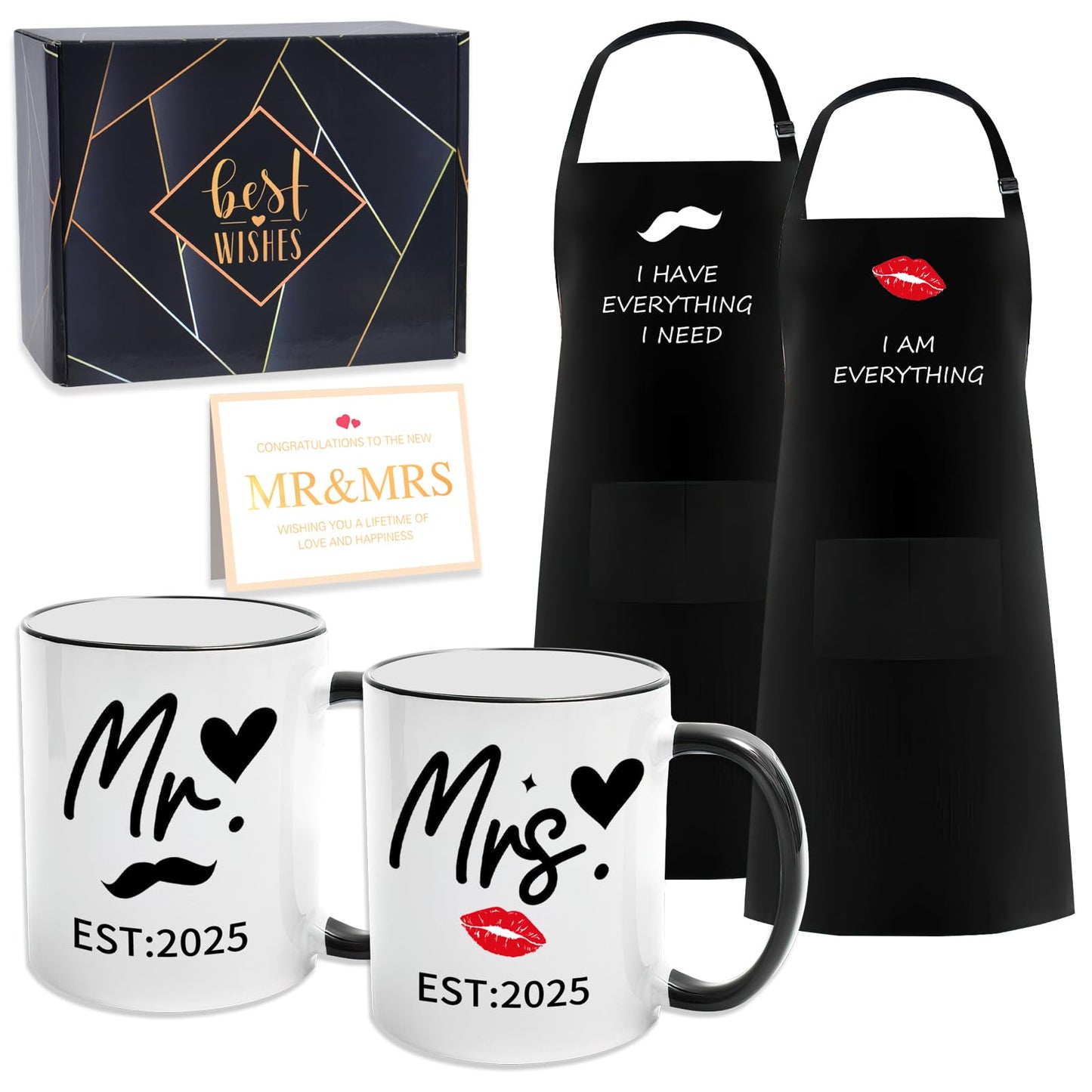 EST 2025 Mr and Mrs Gifts Valentine Wedding Gifts for Couples 2025 Ceramic Cups and Aprons Engagement Party Gift for Couples