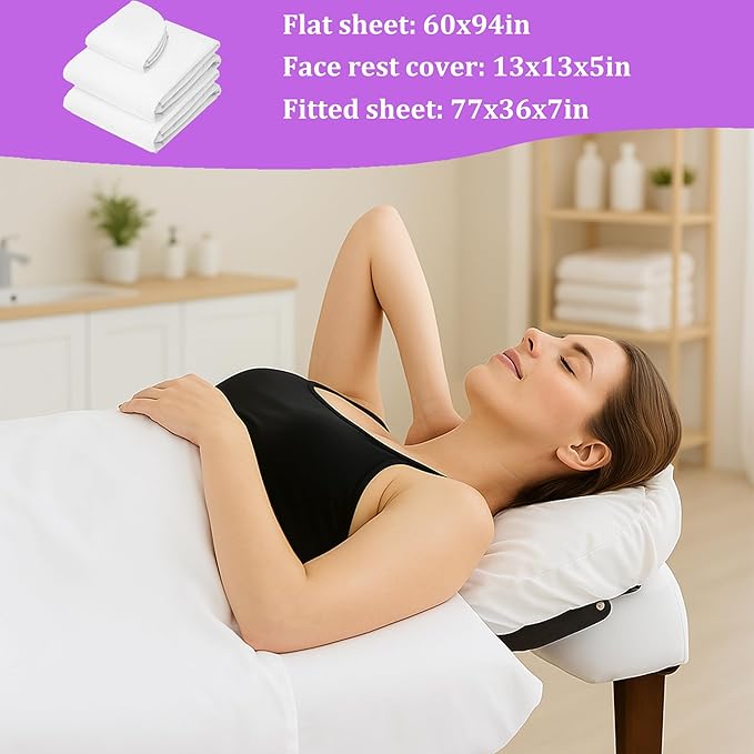 Massage Table Sheet Set, 3pcs (Flat Sheet, Fitted Sheet, Face Rest Cover), White Microfiber for Spa and Professional Use