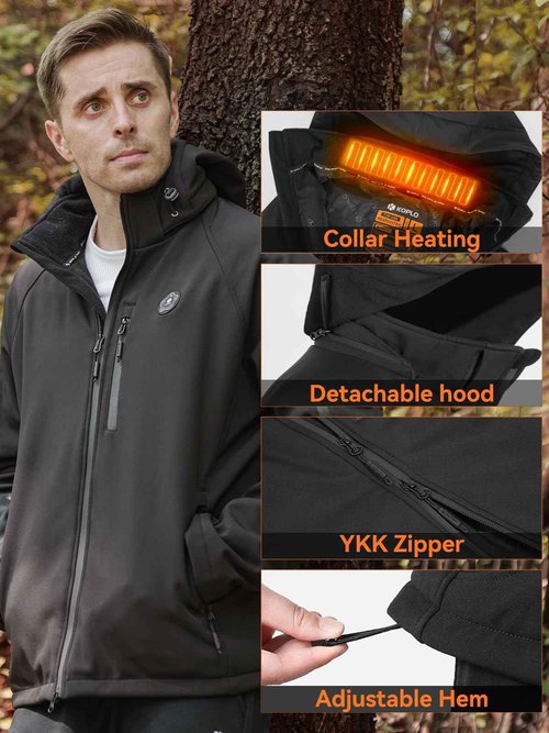 KOPLO Heated Jacket for Men, 14400mAh Battery Pack with Detachable Hood, Waterproof Outdoor Heating Jacket-L