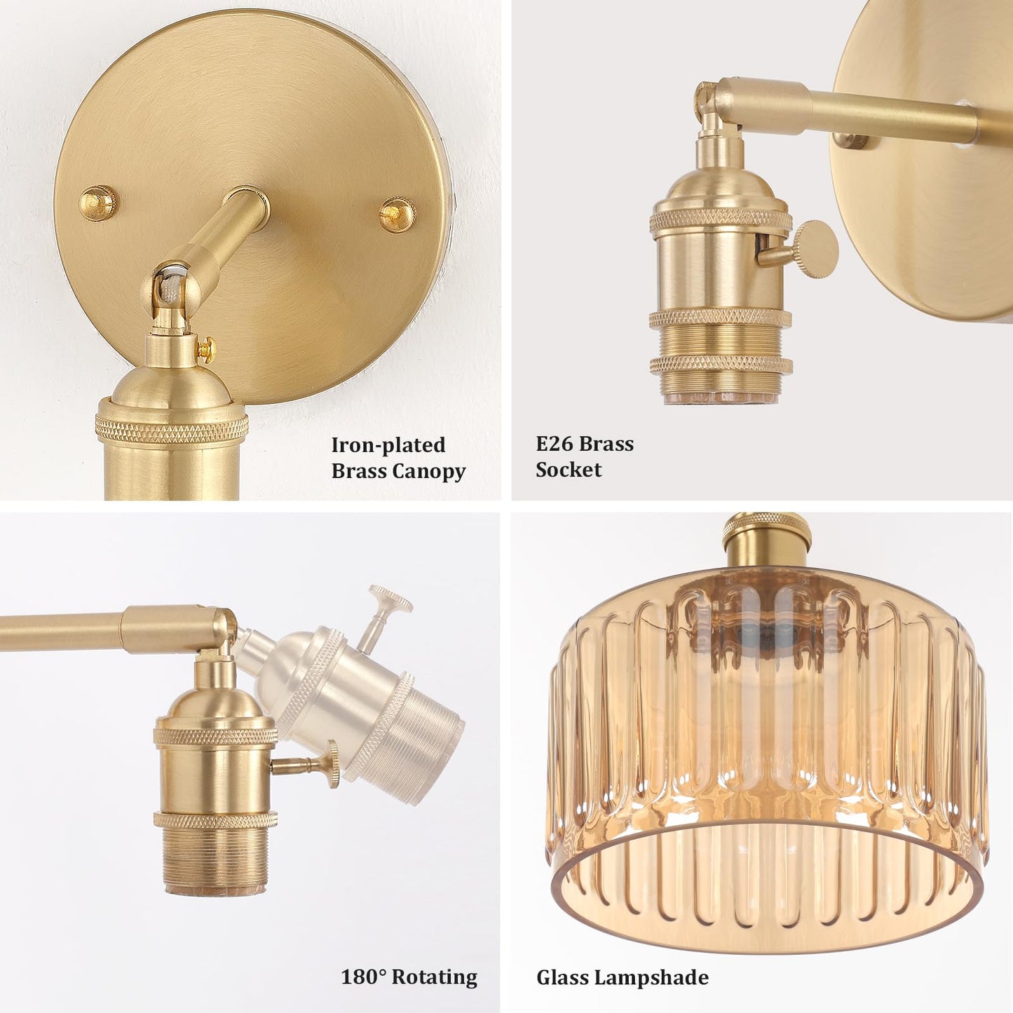 Shenmoyl Vintage Battery Operated Wall Sconce with Amber Striped Glass Lampshade 5000 mAh Rechargeable Battery Powered Wall Light with Remote Control for Bedside Bedroom Doorway, Set of 2