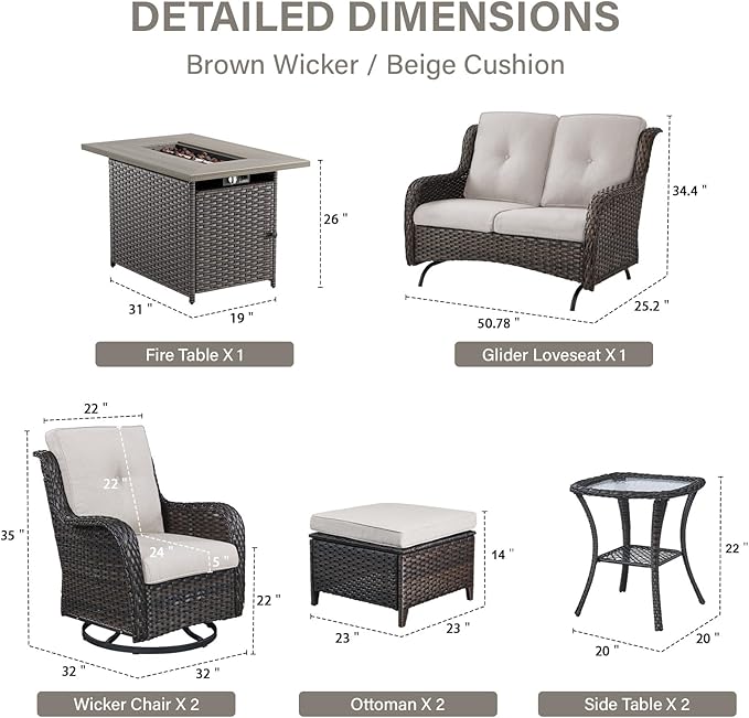 Belord 8 Piece Outdoor Patio Furniture Set - 41" CSA Propane Fire Pit Table Patio Conversation Set with Swivel Rocker Outdoor Chairs, Wicker loveseat and Ottoman for Outside Casual Gathering