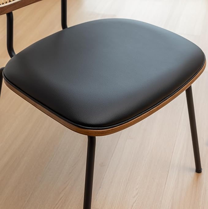 HOCEWI Rattan Dining Chairs Set of 2, Mid Century Modern Dining Chairs with Cane Back for Kitchen Dining Room, 19 Inch Faux Leather Black