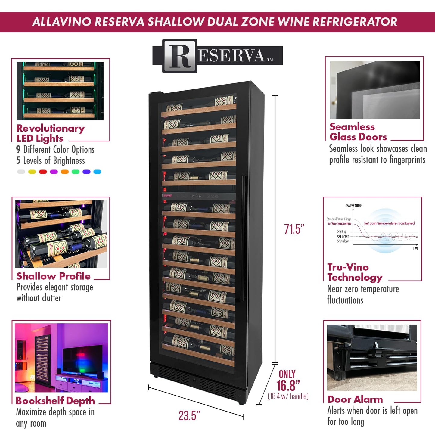Allavino 67 Bottle 71" Tall Dual Zone Left Hinge Black Shallow Wine Refrigerator VSW6771D-2BL-WD