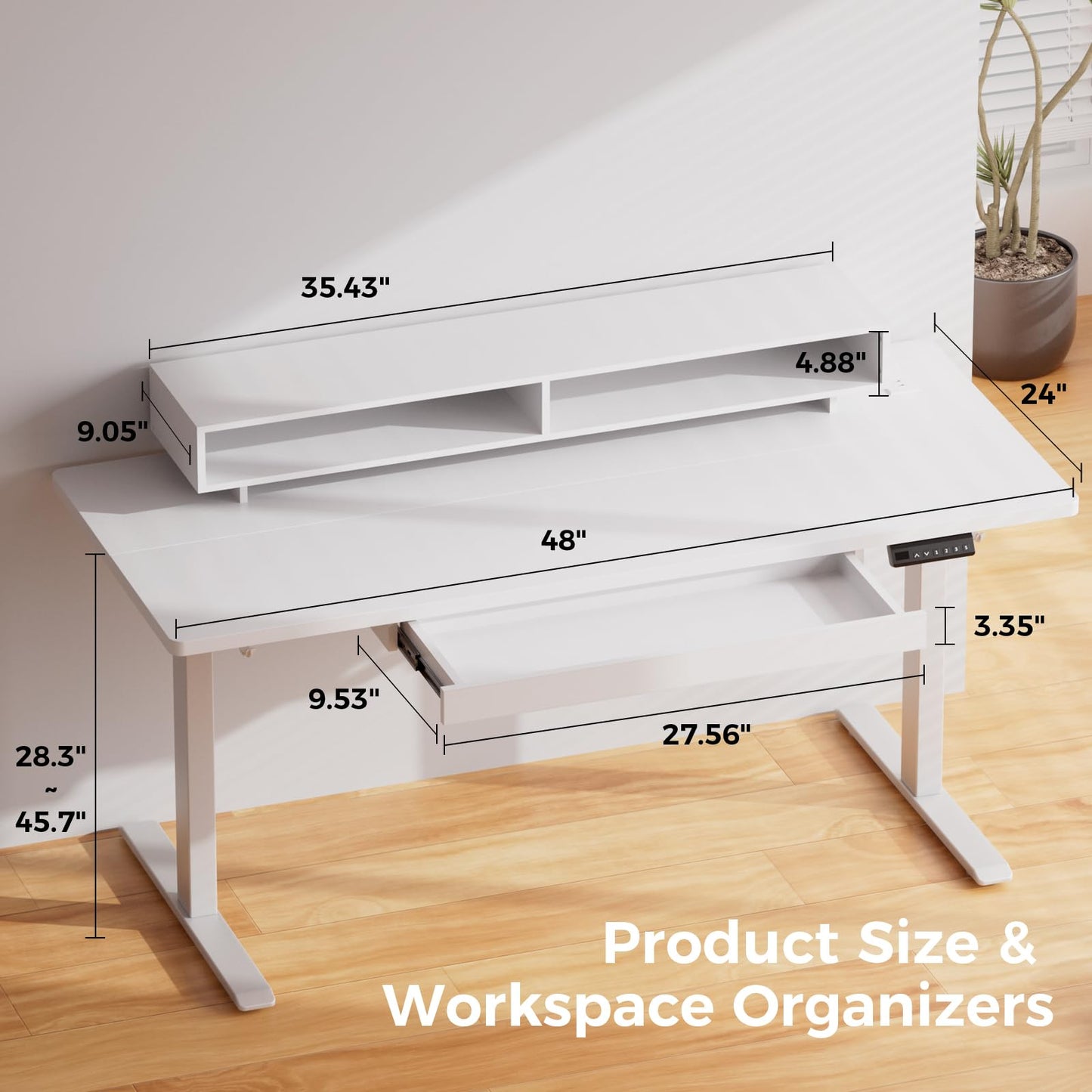 GTPLAYER Electric Standing Desk with Drawers, 48 x 24 Inch Height Adjustable Gaming Desk with Monitor Stand, Power Outlets & LED Lights, Home Office Sit Stand Up Desk with Memory Preset (White)