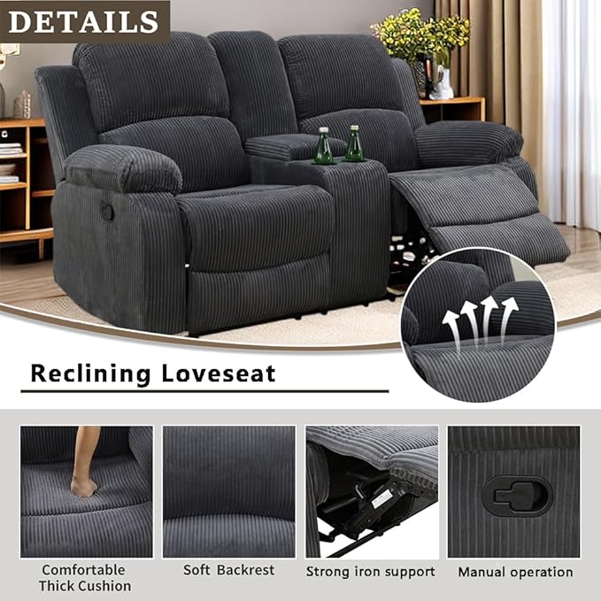 A Ainehome Living Room Furniture Set Grey Corduroy Recliner Sofa Set Loveseat Chair Furniture Sofa Set for Living Room/Small Space/Rv/House/Office/Theater Seating (A-Dark Grey Corduroy, Loveseat)