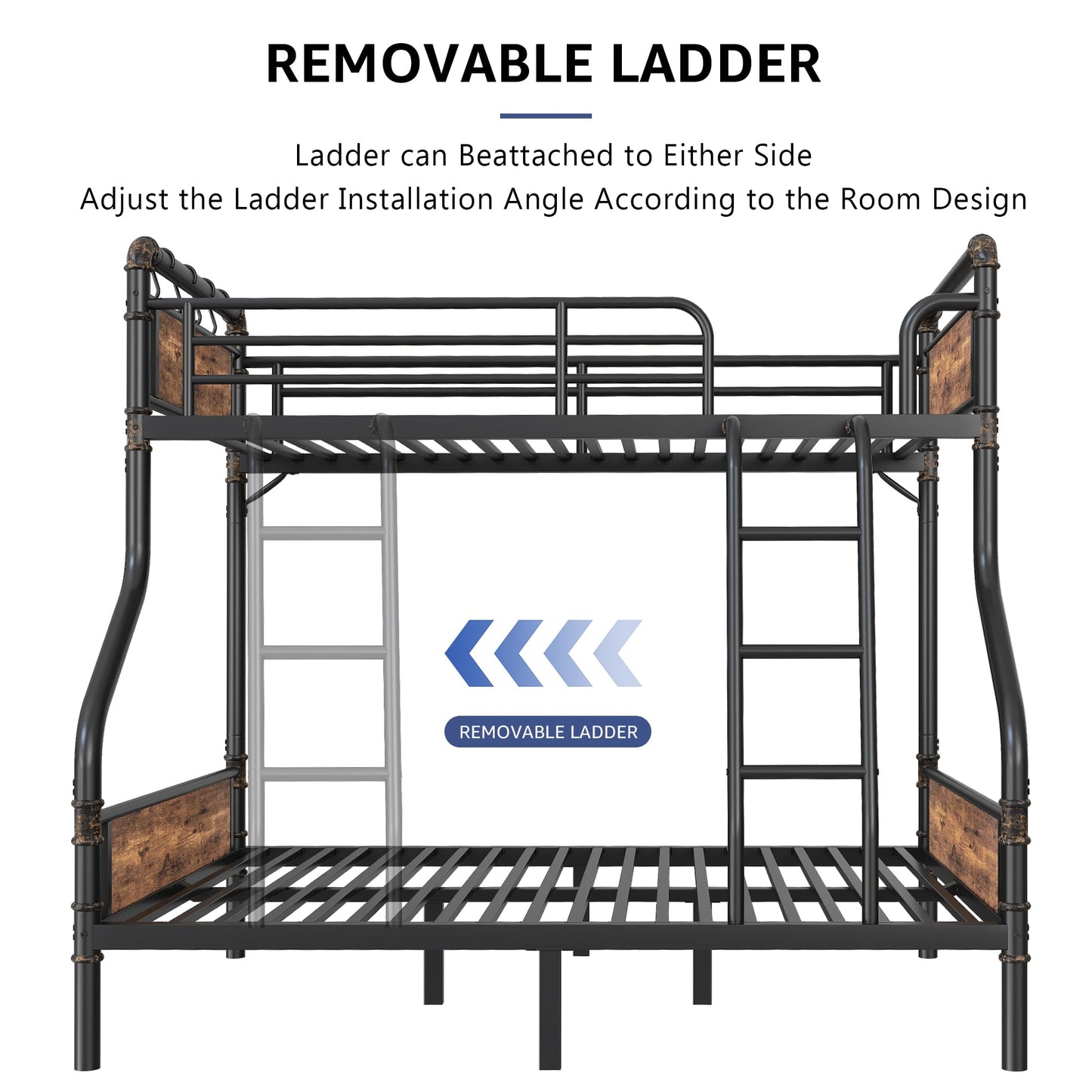 Bunk Bed Twin Over Full, Heavy Duty Metal Bunkbeds with Ladder and Full-Length Guardrail, Convertible into 2 Individual Beds for Kids, Teens and Adults, Under-Bed Storage Space, Vintage Brown