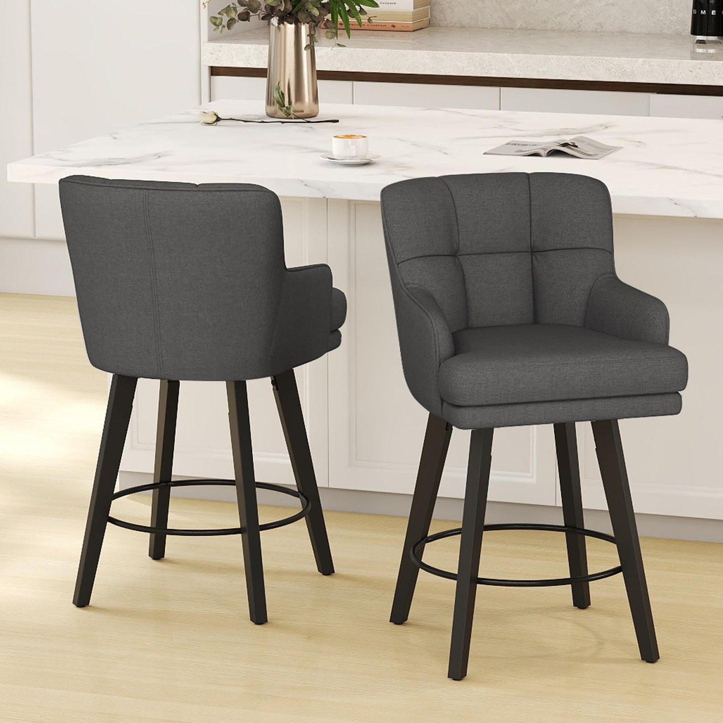 SAECKBERG 360°Swivel Counter Height Bar Stools with Back, 26 inch Solid Wood Legs, Bar Stool Modern Kitchen Island Chairs, Fabric (Black Grey- Fabric, 26" H- Set of 2)