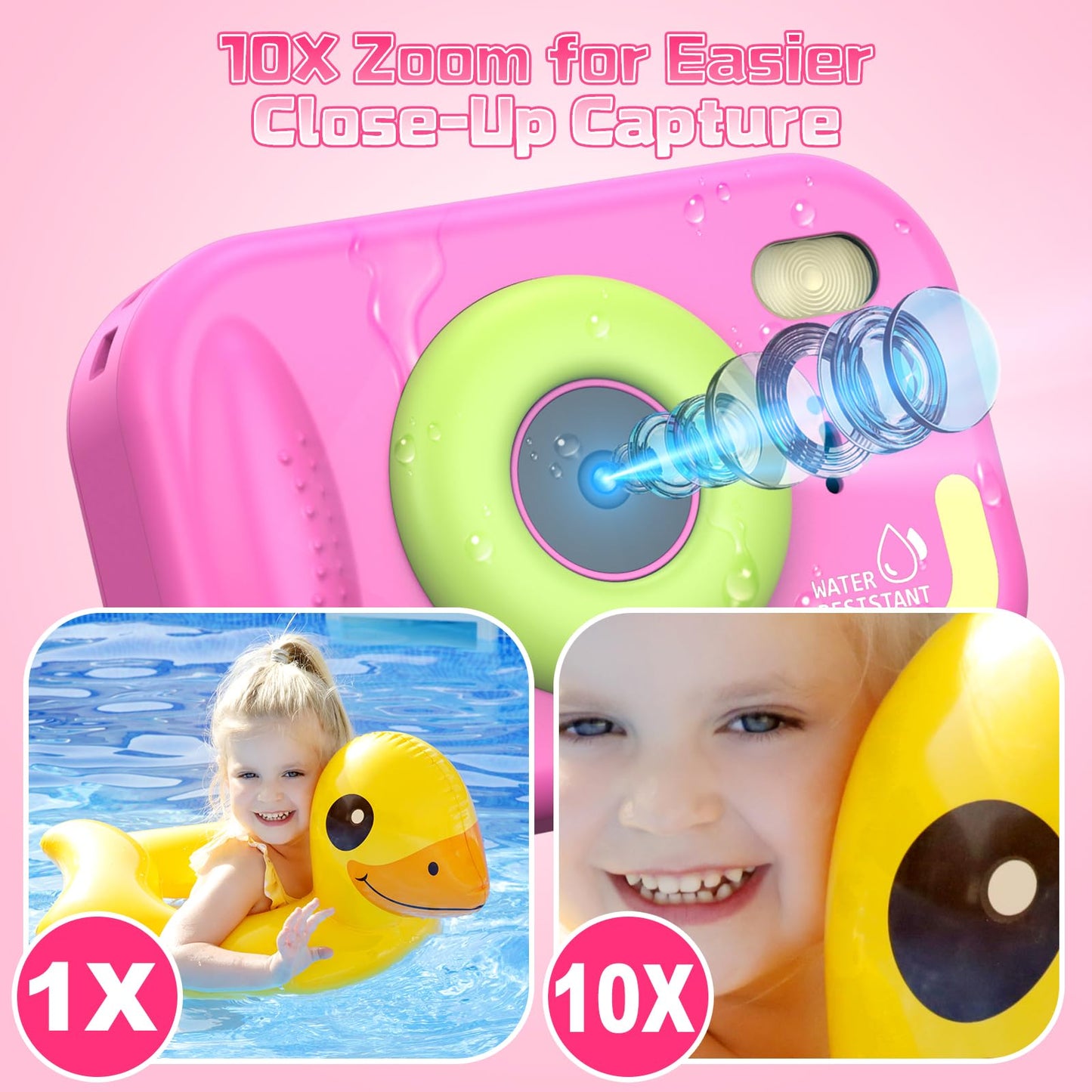 Kids Camera Waterproof, IP68 Underwater Camera for Kids Aged 3-12, HD Kids Digital Camera with 1080P Video Recording, Durable ABS Material, Pool Toys for Boys Girls with 32GB Card (Pink)
