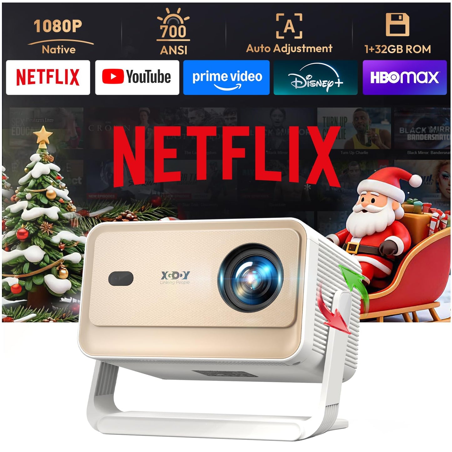Smart Projector with WiFi 6 and Bluetooth, 700 ANSI Native 1080P, 4K Support, 4D Auto Keystone & Auto Focus, Compatible with Netflix, Voice Control, FHD Home Theater Projector, Xgody Gimbal N6 Pro