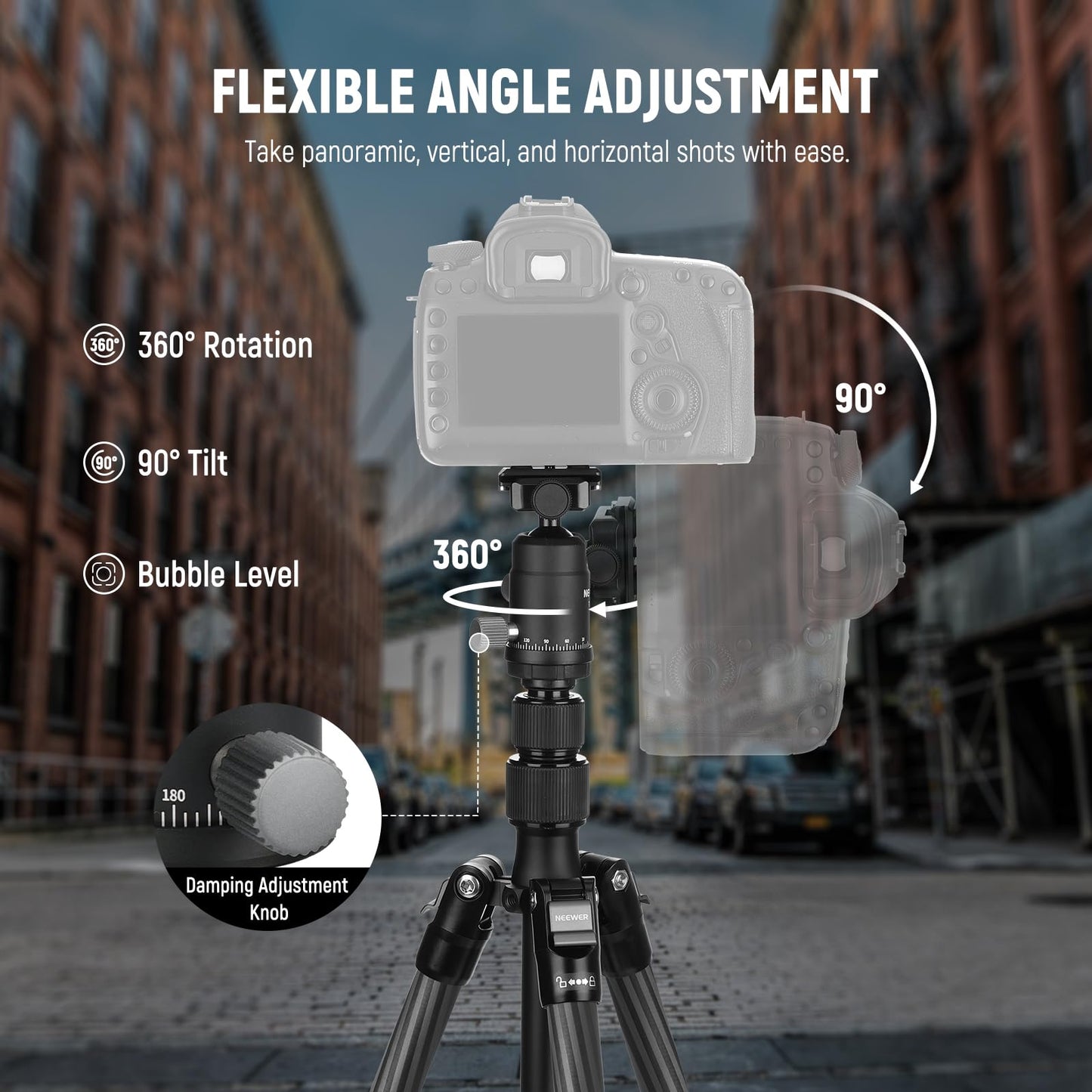 NEEWER Carbon Fiber Camera Tripod Monopod, 65" Lightweight Compact Portable Travel DSLR Video Stand, 360° Ball Head, Anti Slip QR Plate, Inverted Central Axis, Reversible Legs, Max Load 13.2 lbs, TP39