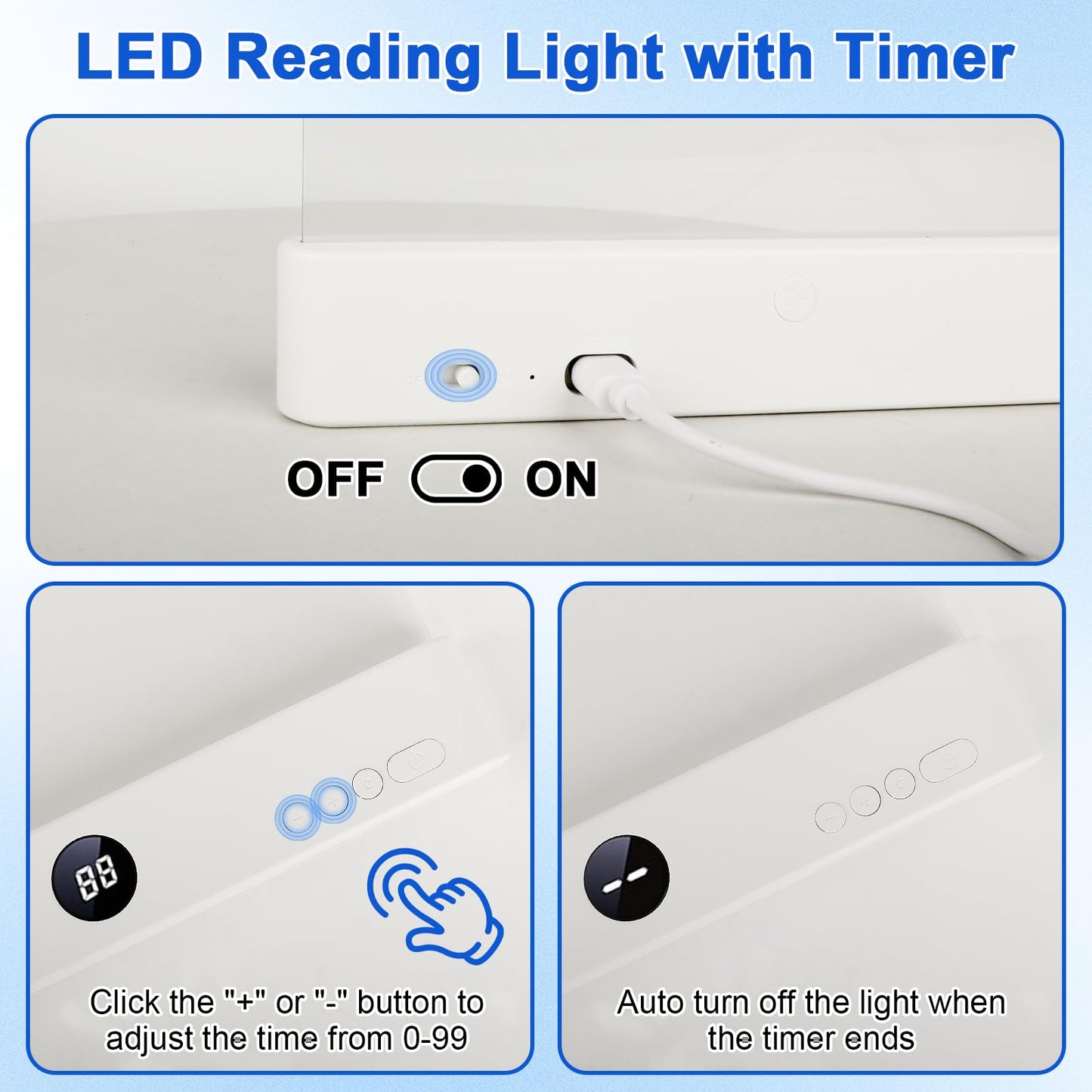 Flat Book Light, Rechargeable Clear LED Smart Reading Light with 3 Colors & Timer, Dimmable Full Page Panel Plate Lamp, Eye Protection, Portable Flat Reading Light for Bedside, Travel, Study (White)