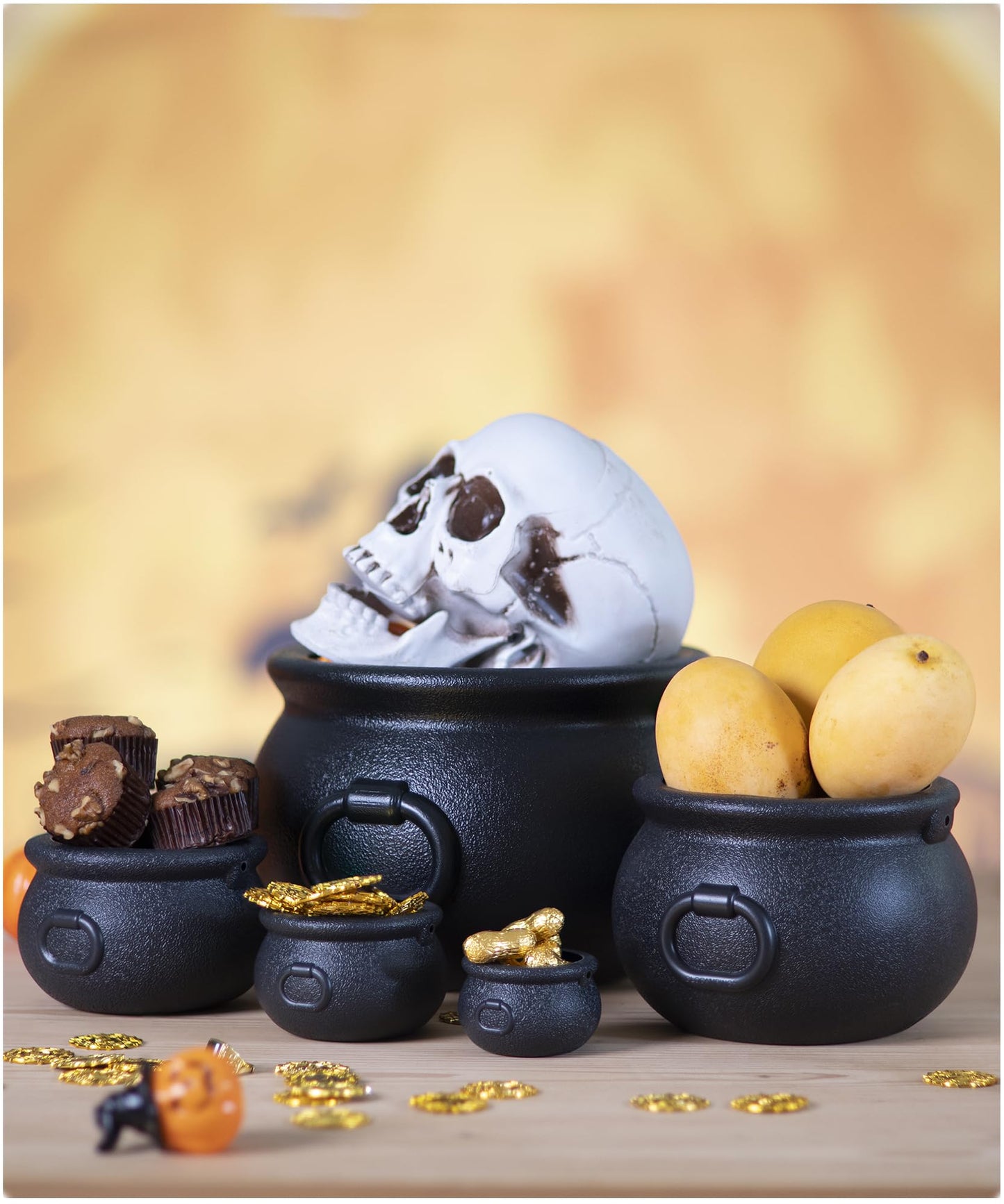 GLOCAMPING 5 in 1(11",7.4”, 5.5”, 3.7”, 2.8”) Package Large Black Plastic Witch Cauldron Kettle, Candy Holder, Party Favor Decoration for St. Patrick’s Day & Halloween