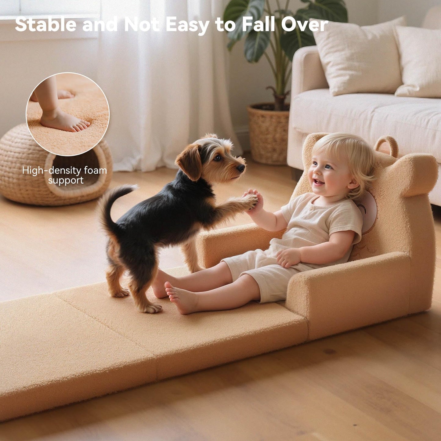 Tivellary Toddler Couch, 3-Fold Convertible Kids Couch with Cute Owl Design, Fold Out Toddler Chair for 1-3 Years Old, Soft Baby Sofa Bed for Playroom, Washable Cover