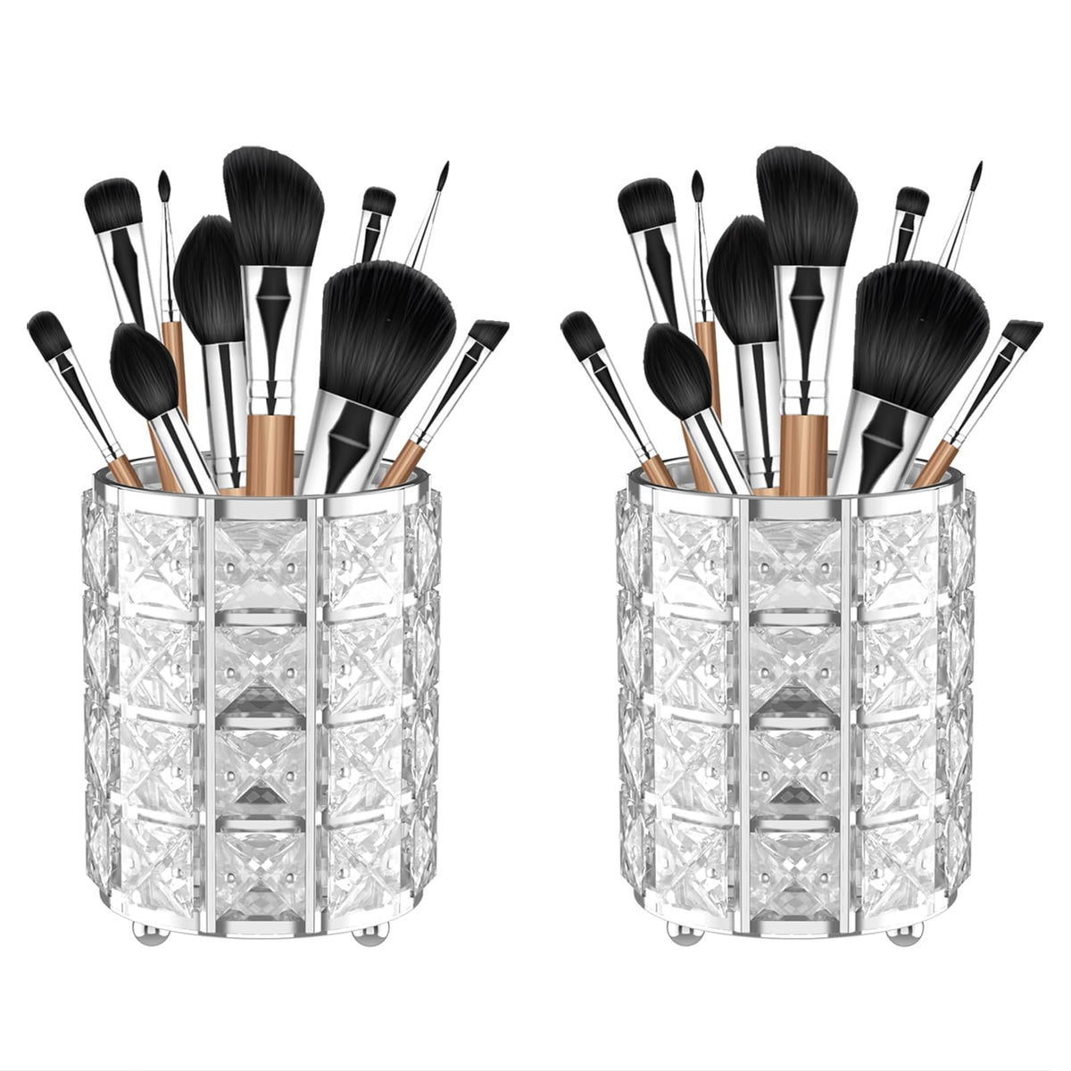 LUGUNU Makeup Brush Holder with Silver Crystal Bling - Elegant Vanity Organizer for Brushes, Pens & Pencils, Ideal for Bathroom