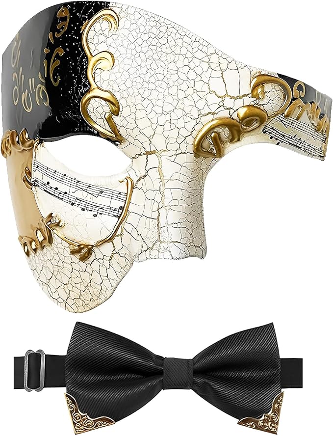 IncreDecor Masquerade Mask for Men Phantom of The Opera Half Face Mask with Bowtie, Venetian Masks for Halloween Party