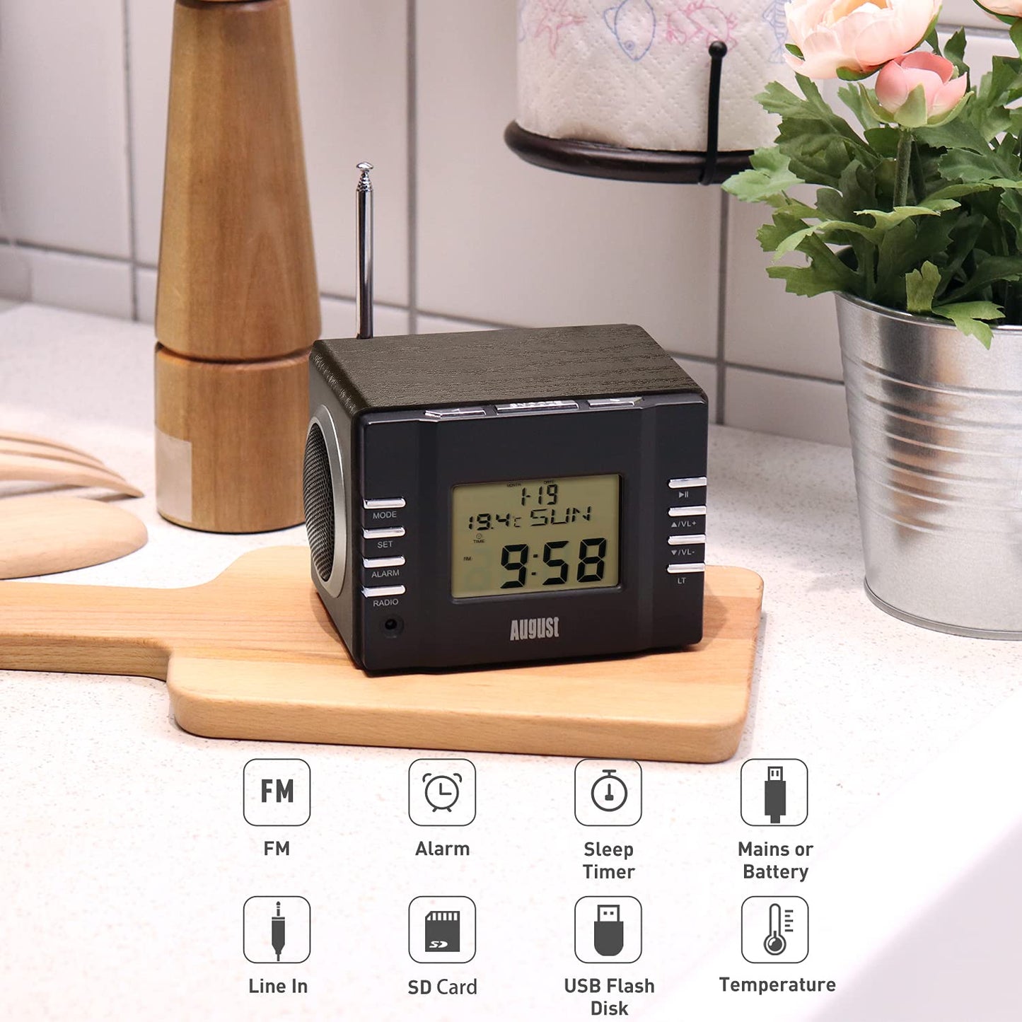 August Mb300 Mini Wooden Mp3 Stereo System And Fm Clock Radio, With Card Reader, Usb Port & Aux Jack (3.5Mm Audio In), 2 X 3W Po