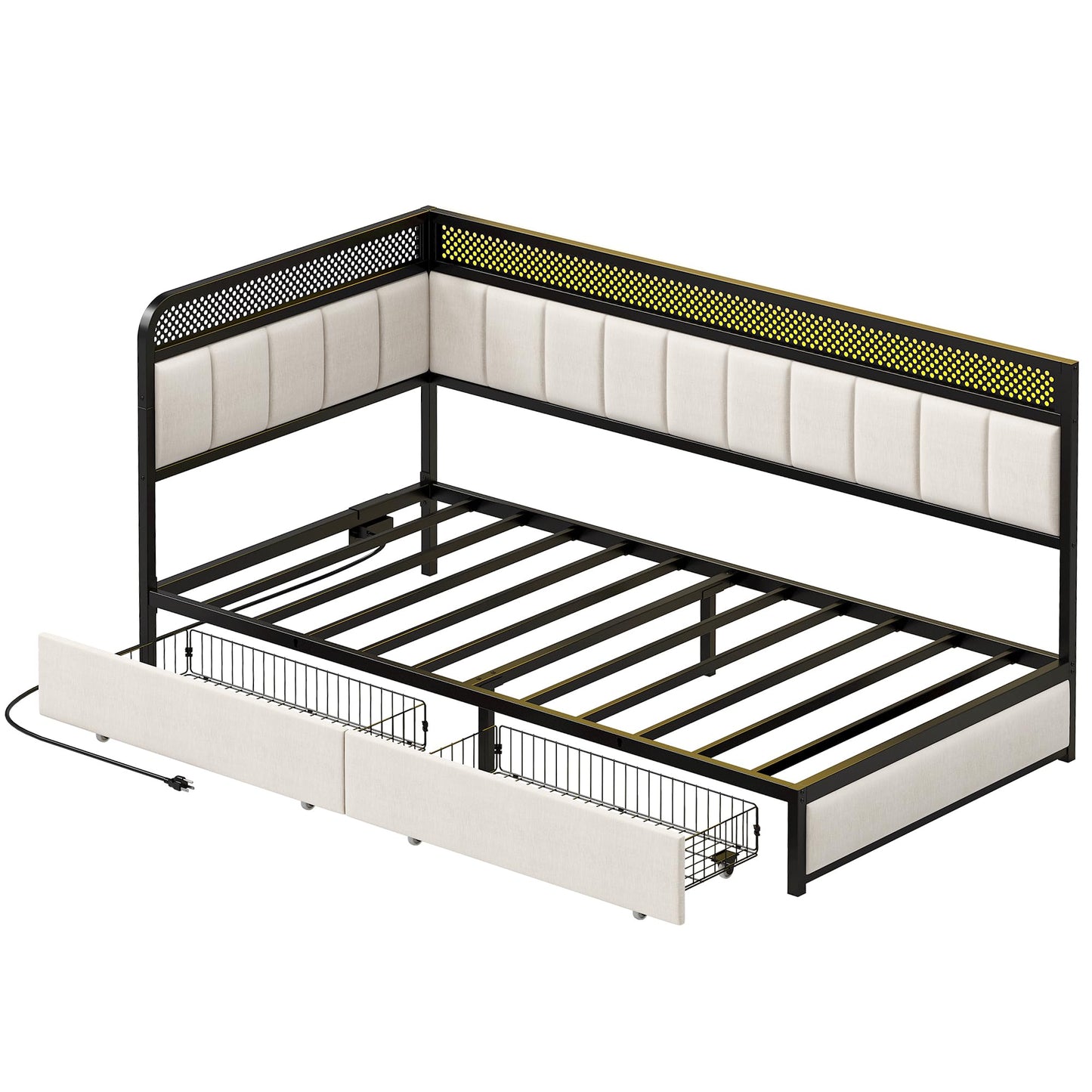 LIKIMIO Twin Corner Bed Frame with Storage Drawers and Charging Station, Modern Twin Daybed with LED Lights and Upholstered Guardrail, Beige