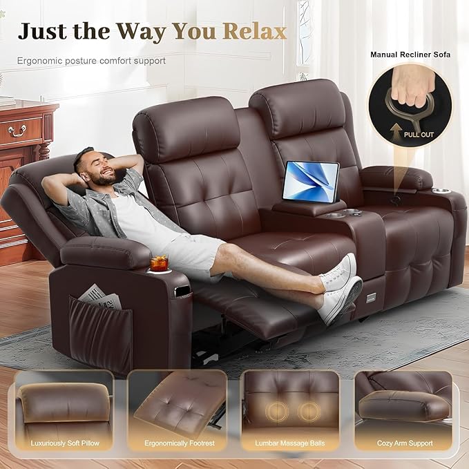 Aotolo Recliner Sofa, Massage Reclining Sofa 3 Seater Sets Heavy Weight Capacity, RV Loveseat Couch Clearance with Console, USB, Type C Port, Storage, Cup Holders, Wall Hugger Chair for Living Room