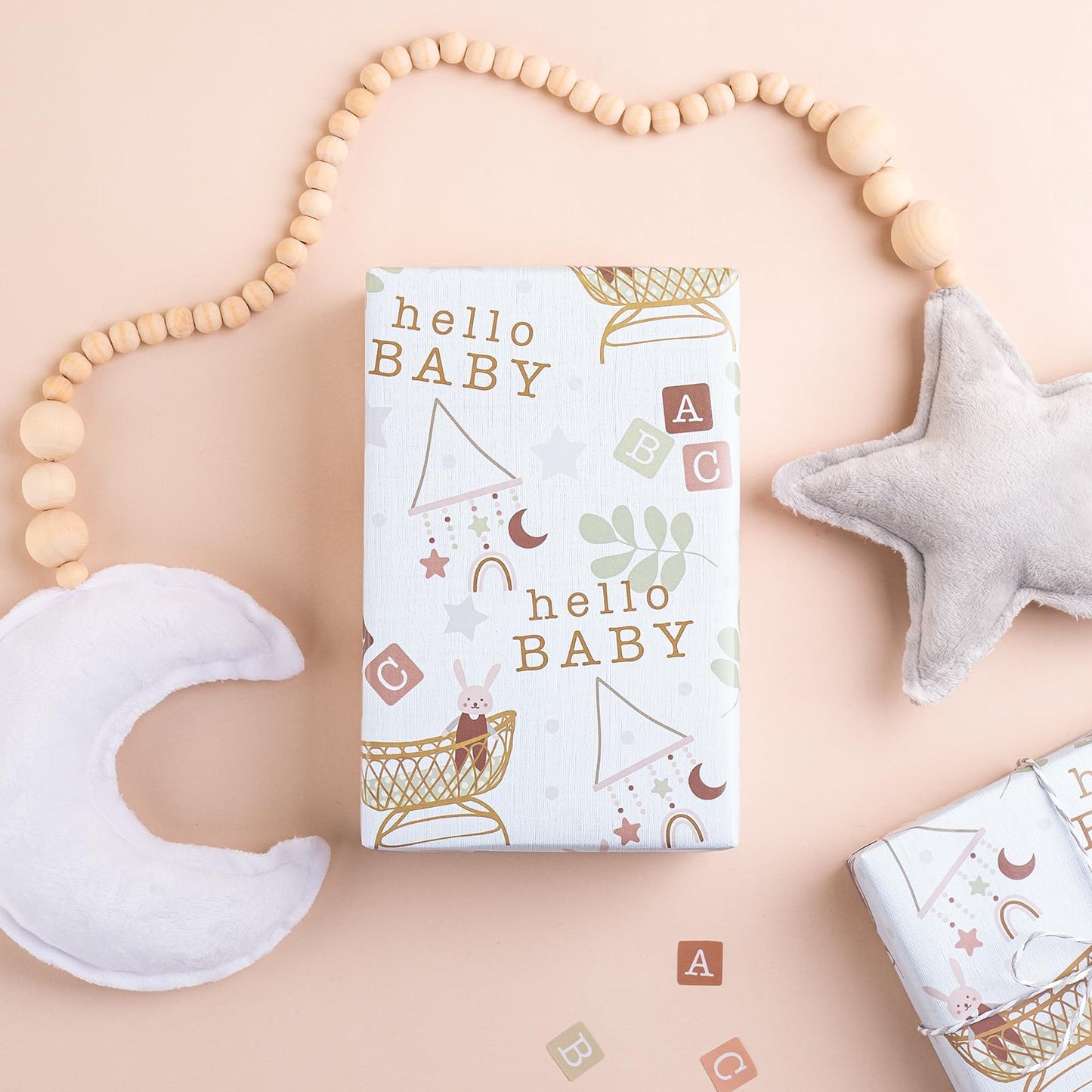 WRAPAHOLIC Jumbo Baby Shower Wrapping Paper - 30 Inch x 33 Feet - Hello Baby and Rabbit in Bassinet Design for Neutral Baby Shower, Boys Girls Kids Birthday
