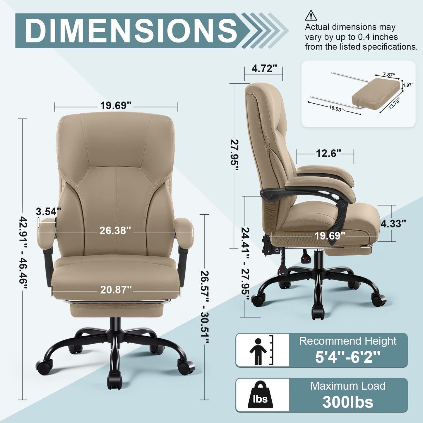 Executive Office Chair,High Back Ergonomic Comfy Desk Chair with Footrest and Padded Linkage Armrests,PU Leather Heavy Duty Computer Swivel Rolling Task Chair for Home Office,Adults,Khaki