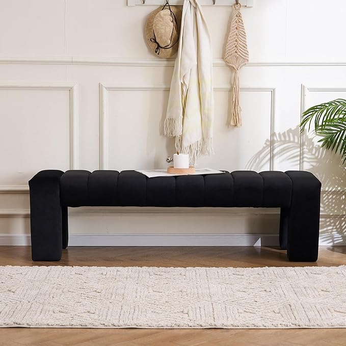 AIITTCC Velvet End of Bed Bench Upholstered Modern 59" Bedroom Bench for King Bed Bench Tufted Window Bench Comfy Long Ottoman for Living Room/Entry/Indoor(Black, 59" Wide)