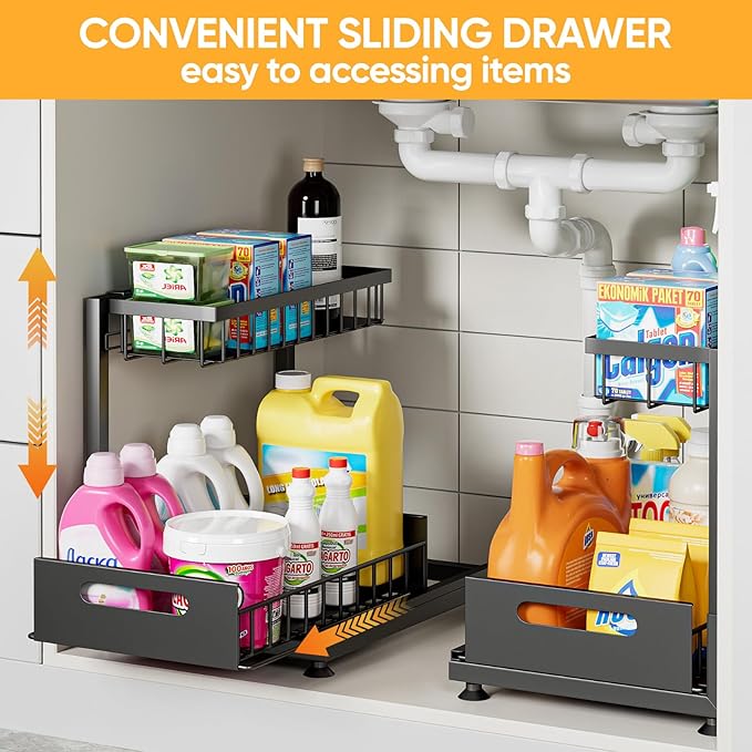 2 Pack Under Sink Organizer Storage 2-Tier Premium Metal Pull-Out Racks, Height Adjustable, Easy Installation | Kitchen & Bathroom Organizers
