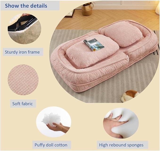 KEIKI Foldable Tatami Lazy Sofa Couch Bed with 5 Adjustable Position, Space Saving Design Human Dog Bed with Cushion Back, Easy Assembly, for Apartment, Living Room, Bedroom, Pink