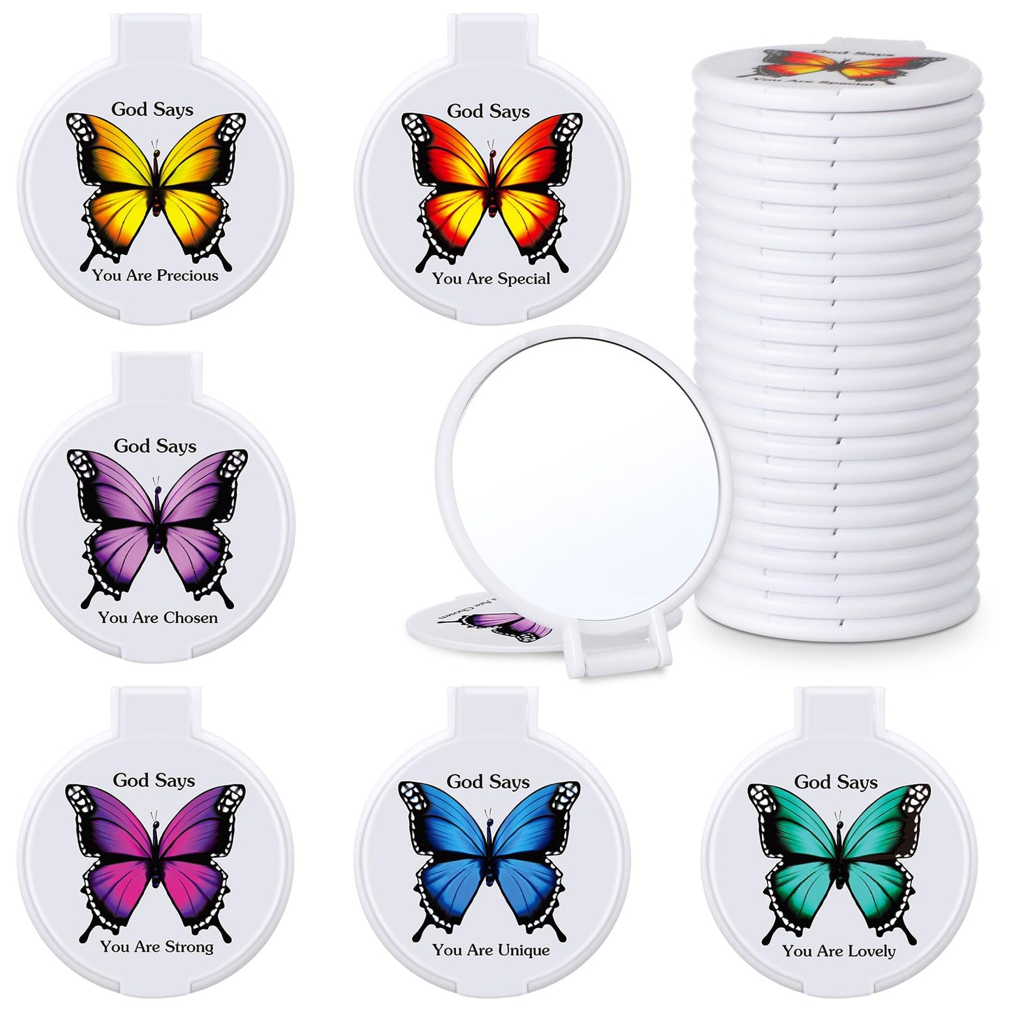 Geetery 24 Pcs Christian Compact Mirror Bulk Bible Inspirational Gifts Round Folding Boho Mini Pocket Butterfly Mirror for Women