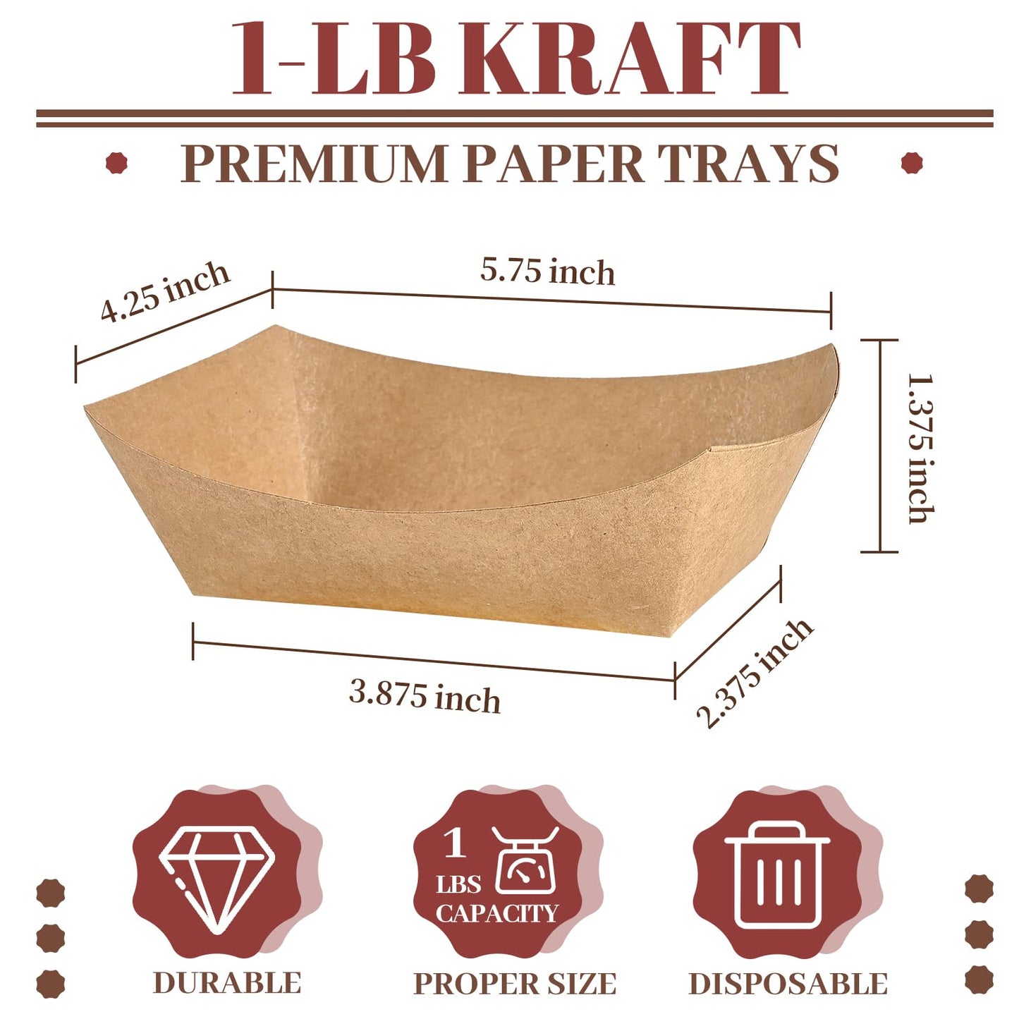 Ocmoiy 1lb Paper Food Trays, 100 Pack Heavy Duty Kraft Food Boats Holders Disposable Serving Basket Trays for Nachos, Fries, BBQ, Festivals, Party