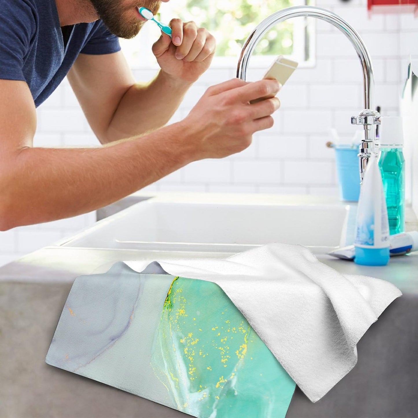 Teal Gold Marble Bath Hand Towels Set of 2 Soft Absorbent Turquoise Modern Decorative Hand Towels for Bathroom Kitchen Beach Spa Gym Yoga Swim Home Decor 14"x28"