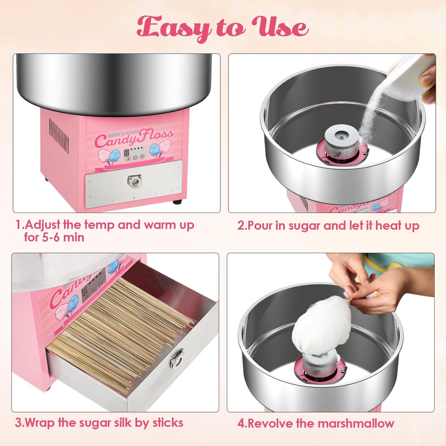 Garvee Electric Candy Cotton Machine for Kids Commercial Candy Cotton Maker with 20 Inch Stainless Steel Bowl Party Home Festival Pink