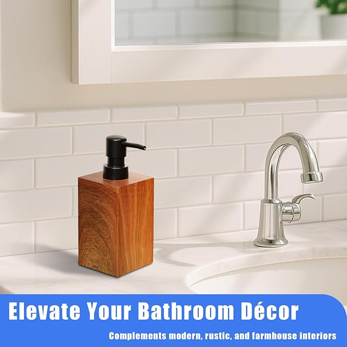 Resin Soap Dispenser with Walnut Wood Grain Look, 16.9 oz Refillable Lotion Bottle for Bathroom, Kitchen, Sink Countertops – Durable, Moisture-Resistant, Rustic Farmhouse Décor