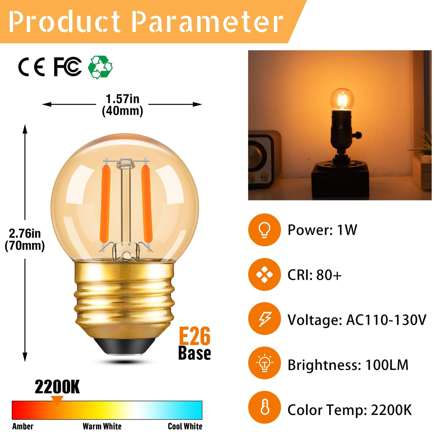 G40 LED Low Watt Light Bulbs Warm Glow E26 Amber 1W 10 Watt Light Bulb,Low Lumen Light Bulb Small Edison Short Decorative Dim Light Bulbs for Lamp,Bedroom,Warm White 2200K 100LM,Non Dimmable,2 PACK