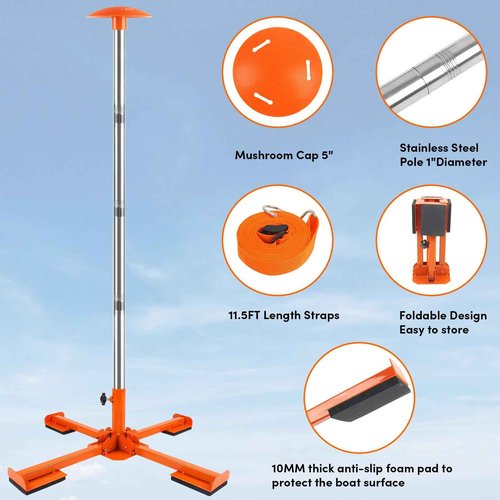 VEITHI Boat Cover Support Poles Heavy Duty 2 Pack, 16” to 59” Stainless Steel Pontoon Boat Cover Support with Metal Cross Base, Adjustable Strap - Orange